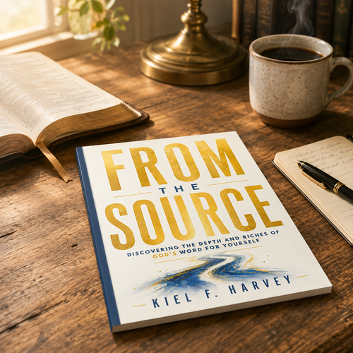 'From the Source' by Kiel F. Harvey on a wooden table with a cup and plant in the background.