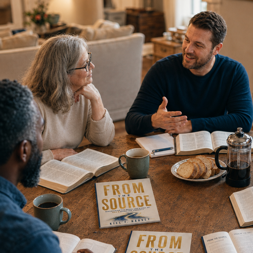 Three people sitting around a table with books and coffee, discussing 'From the Source'.